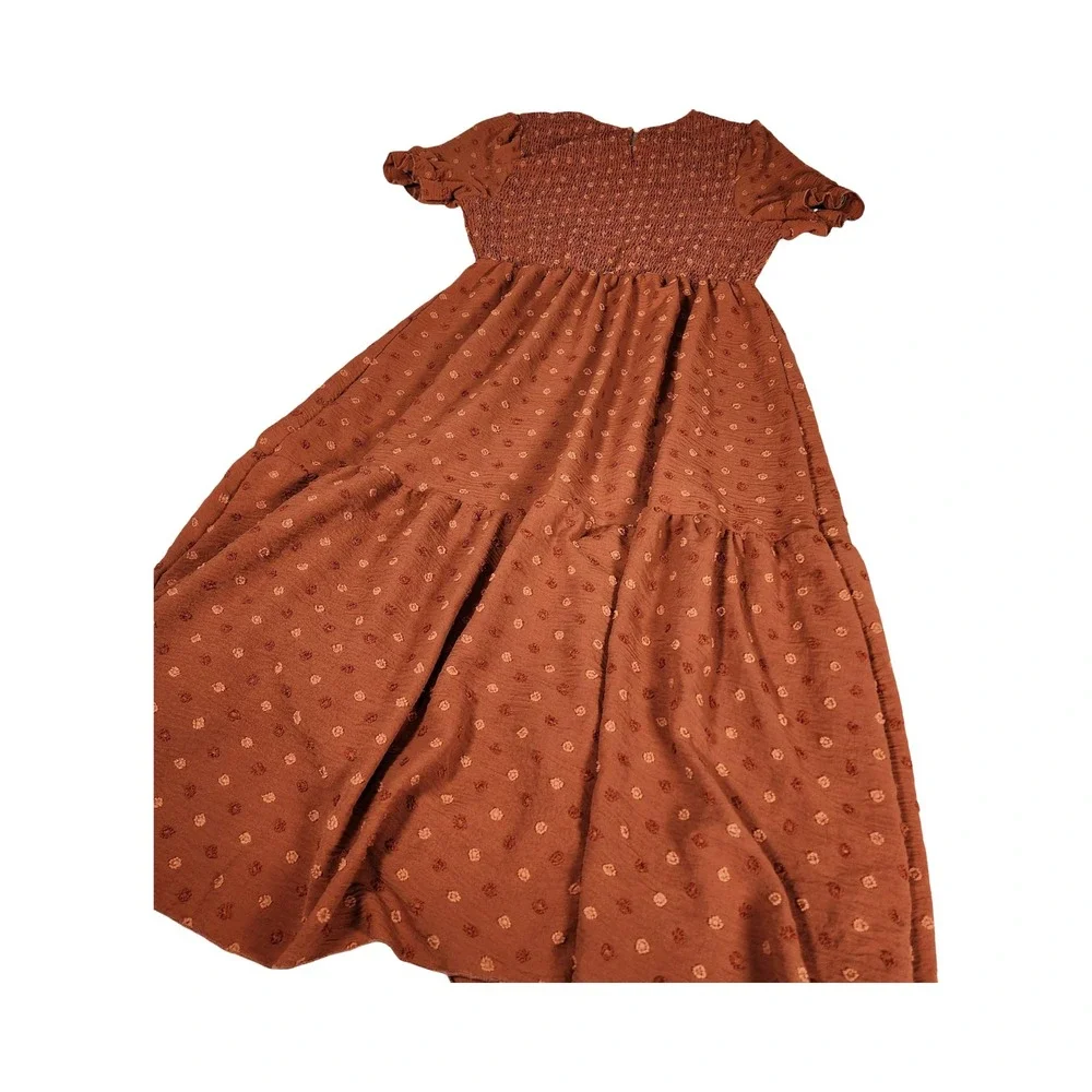 Shein Rust Brown Swiss Dot‎ Smocked Midi Dress Boho Tiered Short Puff Sleeve M 6 - Picture 10 of 11